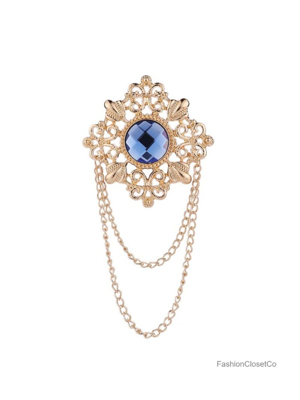 Gold-Tone Crystal Square Tassel Chain Brooch Collar Pin Hollow Flower Filigree